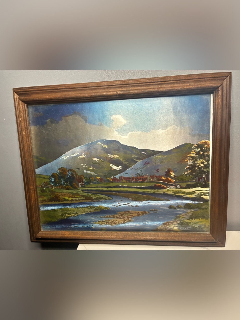 70s Shiny Textured Landscape Print Mountain Village River Framed Wall Art